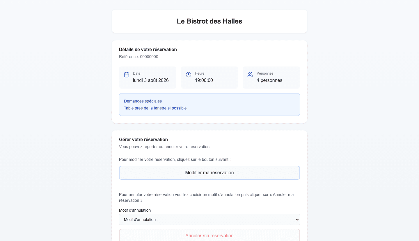 Page de gestion de réservation pour le client