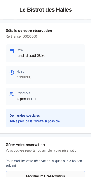 Page de gestion de réservation pour le client sur mobile