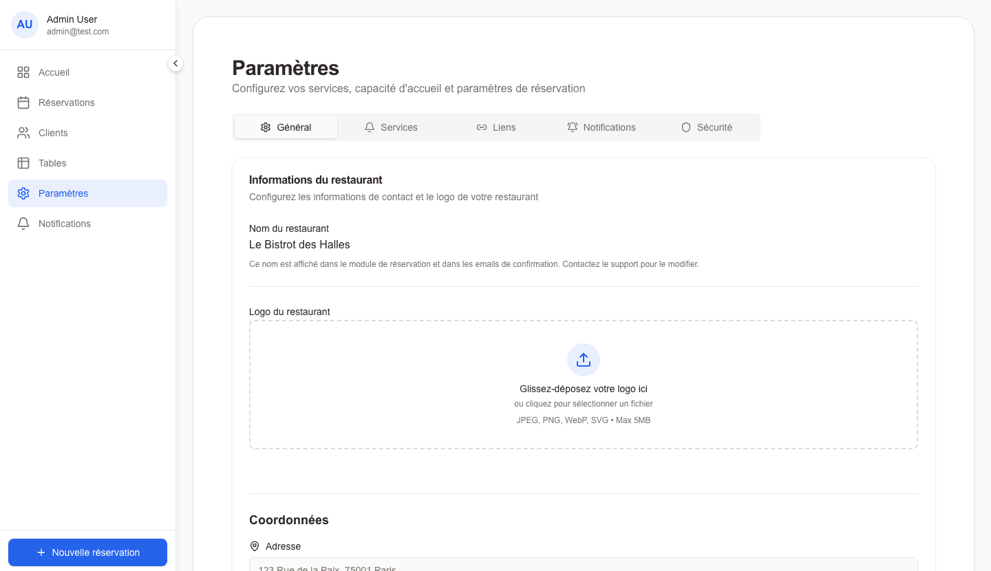 Paramètres du restaurant